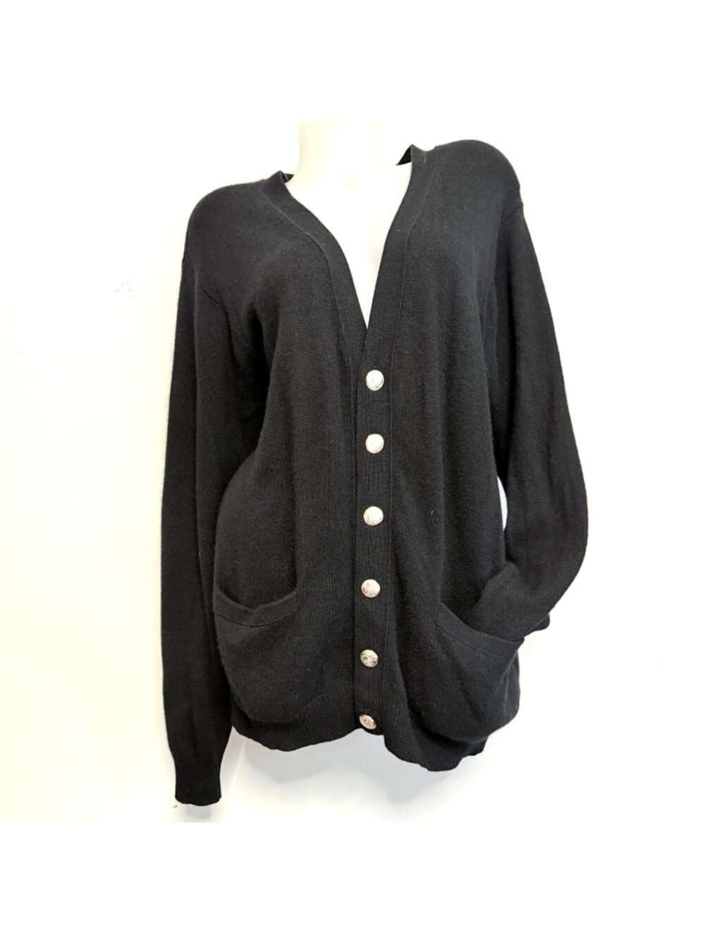 Neiman Marcus Black Cashmere Button-Up Cardigan Gold Buttons Size Large